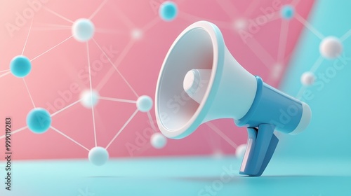 A blue and white megaphone on a pastel pink and blue background with a network of white and blue spheres.