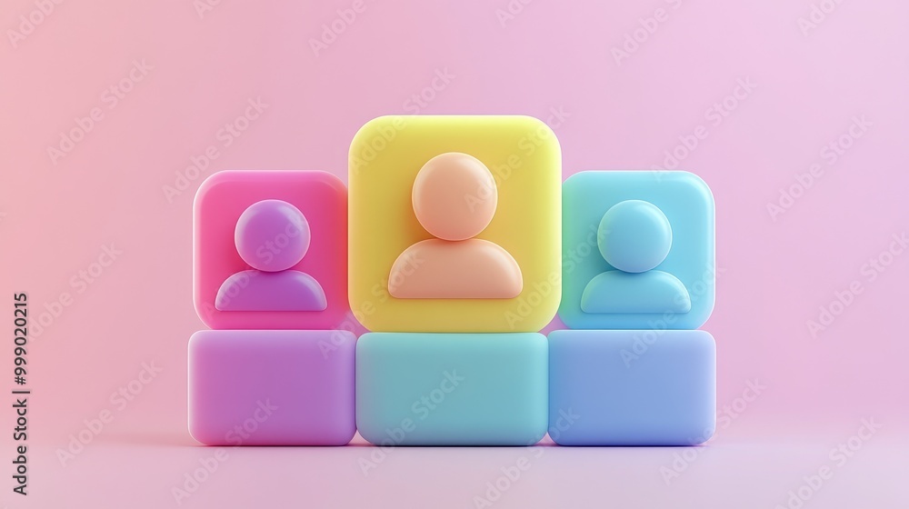 Three colorful 3D profile icons on podiums, representing a team or group. Three colorful 3D profile icons on podiums, representing a team or group.