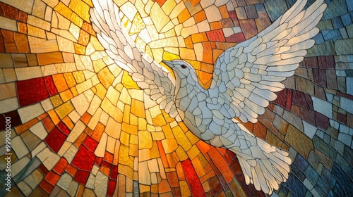 Stained glass depiction of the Holy Spirit soaring through vibrant colors