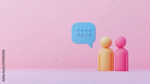 Two 3D figures with a speech bubble representing communication and conversation.