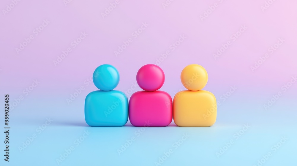 Three colorful 3D people icons on pastel background.