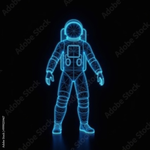 Polygonal blue hologram of astronaut on dark background.