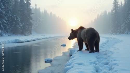 Generative AI, a bear walking across a snow covered field next to a forest at sunset or dawn with the sun setting, wildlife photography, a jigsaw puzzle, naturalism
