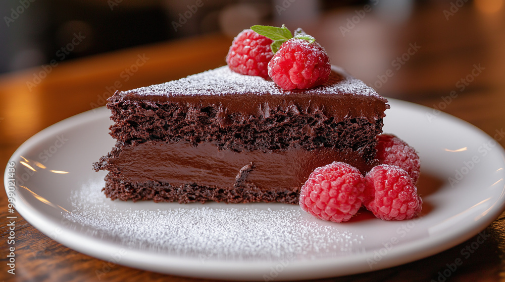 Decadent chocolate cake with raspberries and powdered sugar on white plate Decadent chocolate cake with raspberries and powdered sugar on white plate