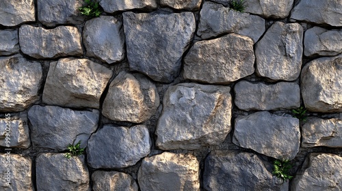 Seamless texture of a rustic stone wall with natural plants growing in the cracks.