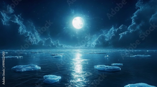 Wallpaper Mural Enchanted Ice Lake at Summer Solstice - Eerie Dark Fantasy Landscape with Glowing Icebergs and Mystical Sunrays, Background for Text Overlay Torontodigital.ca