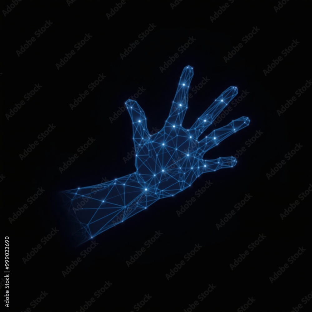Hand gesture polygonal blue hologram on dark background. Hand gesture polygonal blue hologram on dark background.