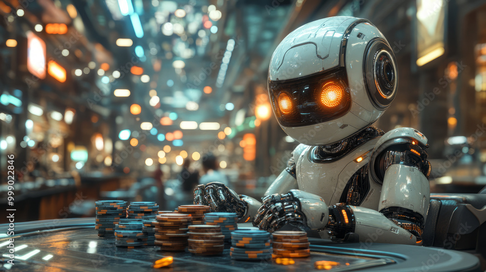 robots are sitting at a table, there are stacks of casino chips on the table, art style, futuristic landscape in the background, robots are sitting at a table, there are stacks of casino chips on the table, art style, futuristic landscape in the background,