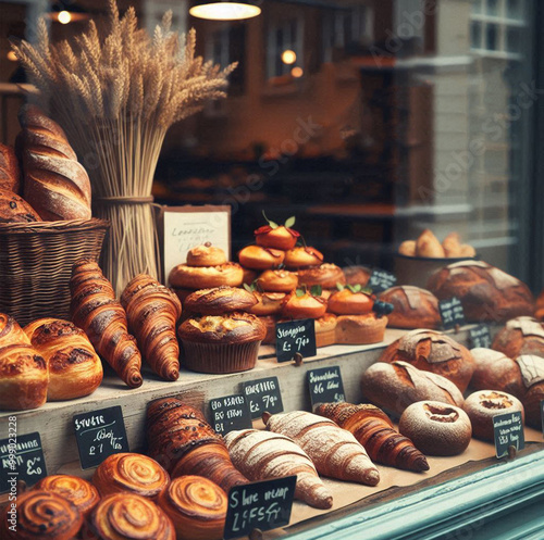 Bakery with glass door with all bakery items photo