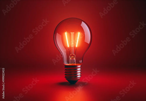 Glowing light bulb on red background. Creative inspiration and idea generation concept