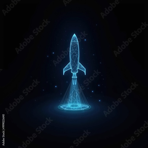 Space rocket polygonal blue hologram on dark background.