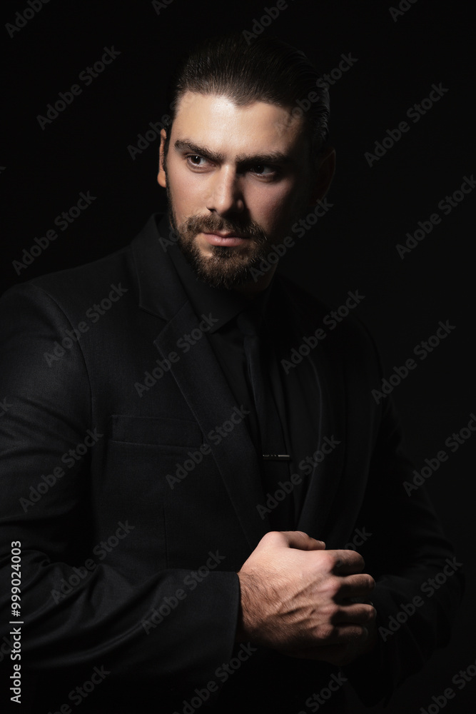 Strict male portrait. The guy in the classic black suit. Strict male portrait. The guy in the classic black suit.