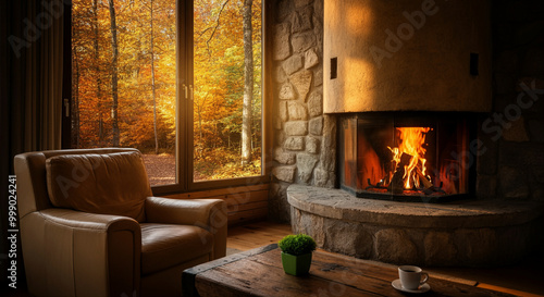 Fireplace in cozy interior with autumn view and warm ambiance