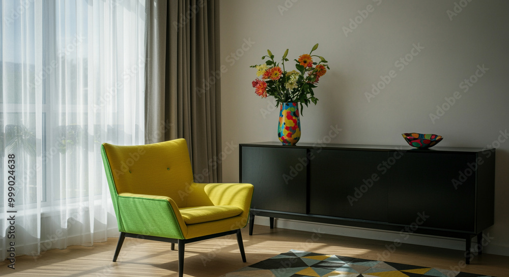Fototapeta premium Chair in modern interior design with vibrant home decor and floral arrangement