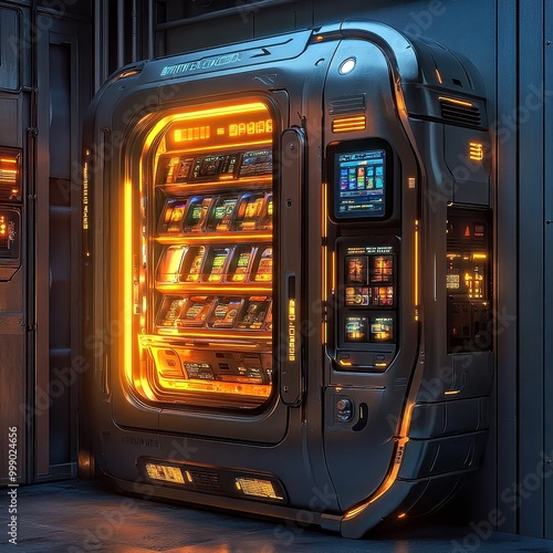 Futuristic Cyberpunk Vending Machine with Holographic Displays in Dark Corner Space for Text