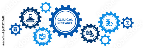 Clinical Research and Medical Study Banner Icons: Analysis, Evidence Collection, Study Effectiveness, Medication Trials, and Health Outcomes