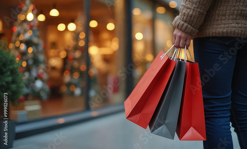 Person holding colorful shopping bags in front of a beautifully decorated store during the festive holiday season