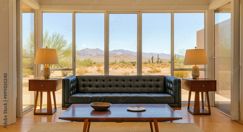 Sofa in modern living room with views of desert landscape and stylish interior design Sofa in modern living room with views of desert landscape and stylish interior design