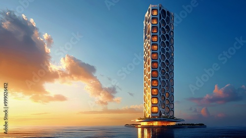 Futuristic Art Deco Skyscraper: Honeycomb-Inspired Geometry and Metallic Elegance for Modern Designs