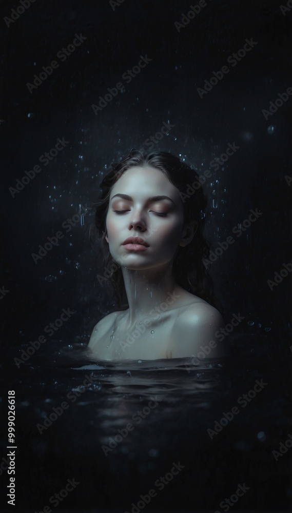 Serene woman submerged in dark water Serene woman submerged in dark water