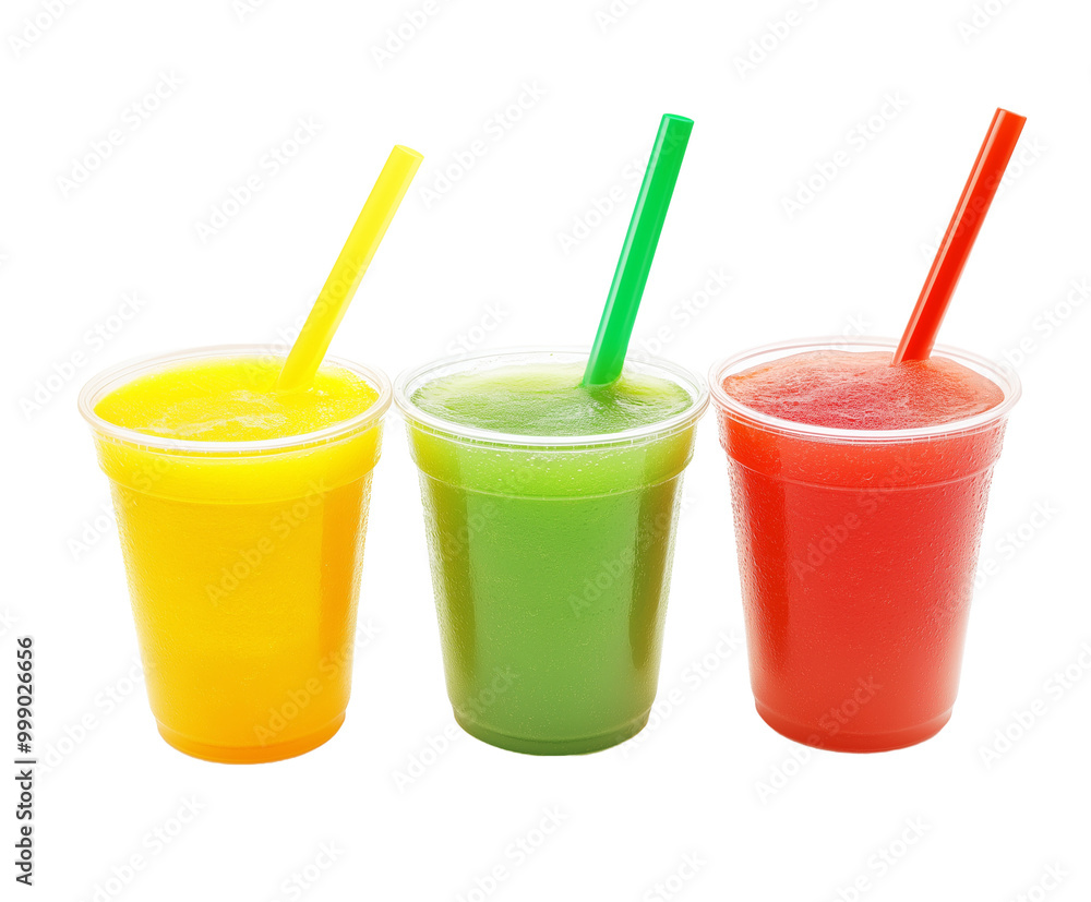 Three colorful slushies in plastic cups with vibrant straws. The frozen drinks come in yellow, green, and red, perfect for a refreshing and sweet summer treat. Three colorful slushies in plastic cups with vibrant straws. The frozen drinks come in yellow, green, and red, perfect for a refreshing and sweet summer treat.