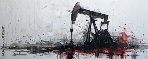 Abstract sketch of an oil pumpjack in a mixed media style with splashes of color. Free copy space for banner.