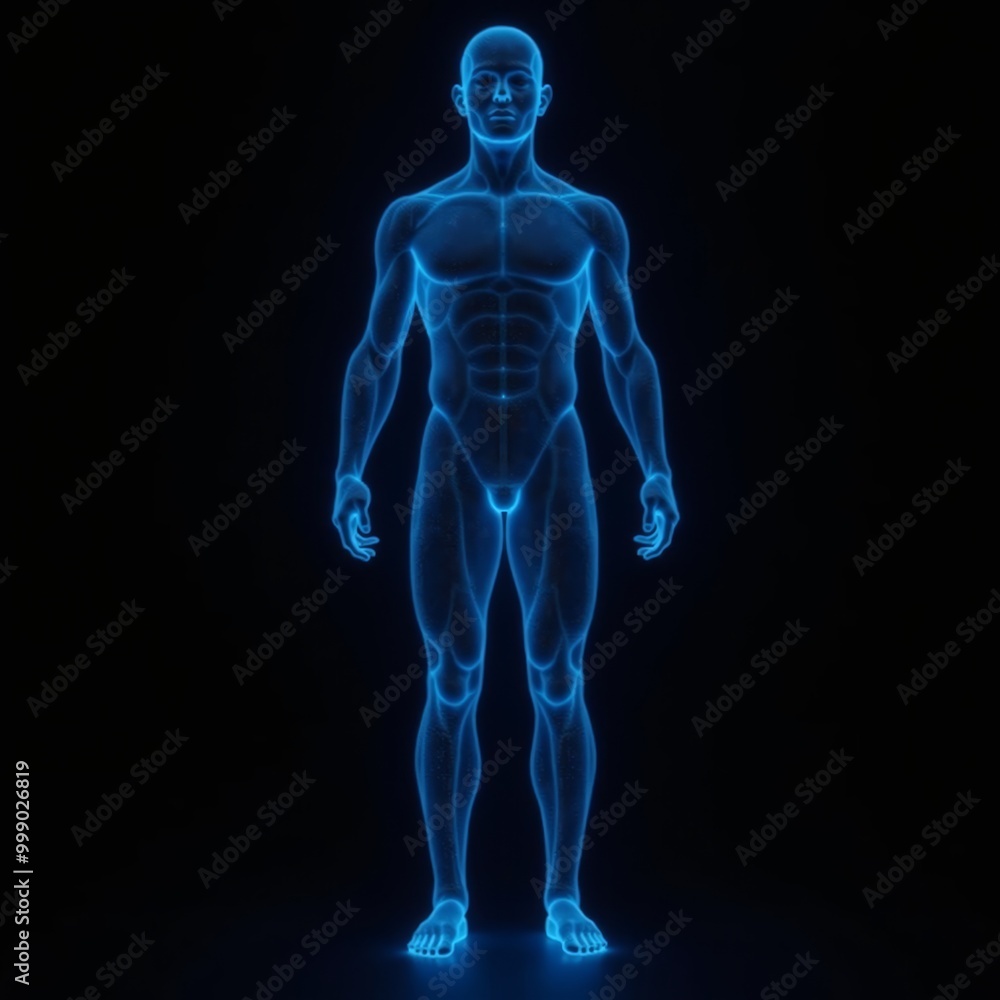 Polygonal blue hologram of male body on dark background. Polygonal blue hologram of male body on dark background.