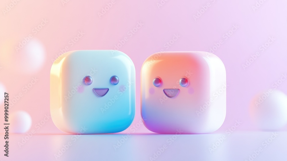 Two happy cartoon squares with smiling faces in pink and blue light. Two happy cartoon squares with smiling faces in pink and blue light.