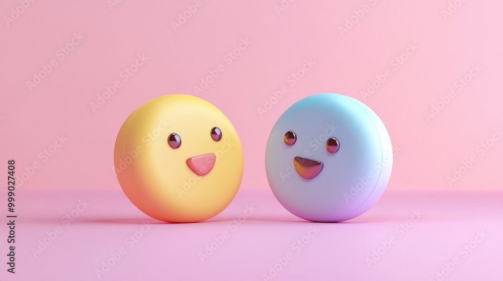 Two 3D smiling emojis on a pink background. Two 3D smiling emojis on a pink background.
