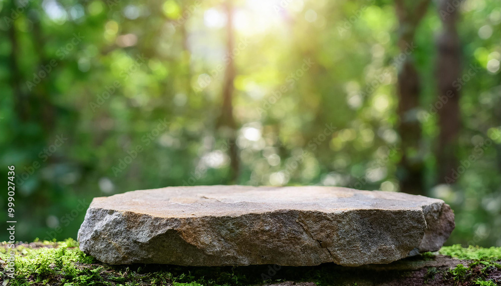 Empty stone podium with blurred natural green forest backdrop. Stage for product presentation. Empty stone podium with blurred natural green forest backdrop. Stage for product presentation.