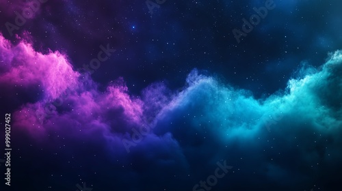 Vibrant nebula clouds with pink, purple, and blue hues blend seamlessly in deep space. Stunning, ethereal colors create a captivating cosmic scene.