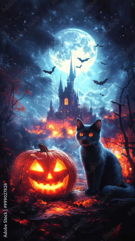 A spooky Halloween scene with a glowing carved pumpkin, a black cat with piercing eyes sitting next to it, and a haunted castle in the background under a full moon. A spooky Halloween scene with a glowing carved pumpkin, a black cat with piercing eyes sitting next to it, and a haunted castle in the background under a full moon.
