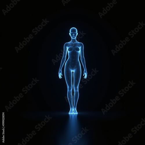 Polygonal blue hologram of female body on dark background.
