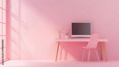 Minimalist pink home office workspace with computer, desk, chair, vase with dried flowers, and window.