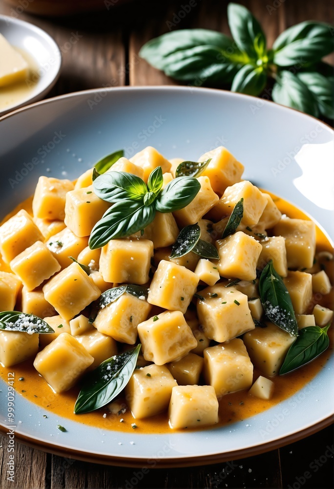 golden fried pasta cubes with fresh basil leaves on a wooden table golden fried pasta cubes with fresh basil leaves on a wooden table