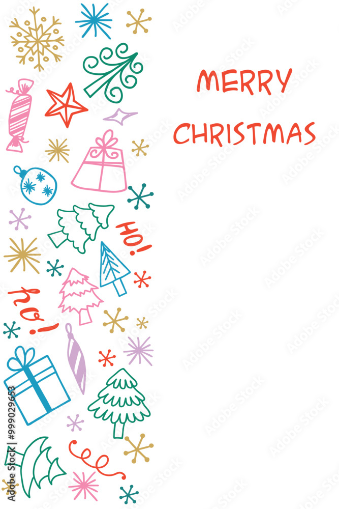 Obraz premium Merry Christmas card with gifts, toys and snowflakes in Doodle style.