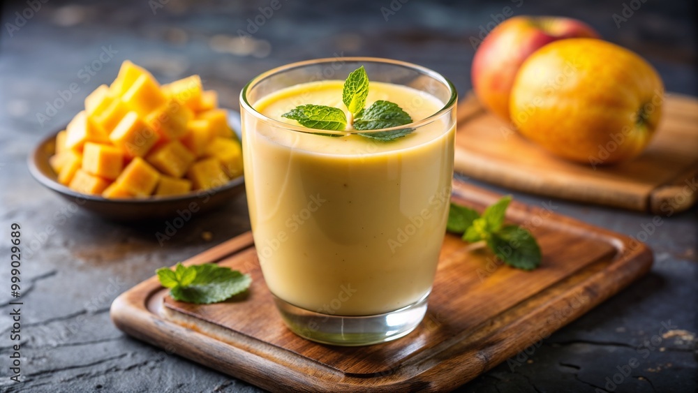 Mango lassi drink featuring fresh mint and apple served on a wooden table Mango lassi drink featuring fresh mint and apple served on a wooden table