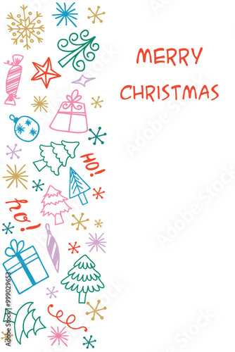 Merry Christmas card with gifts, toys and snowflakes in Doodle style.
