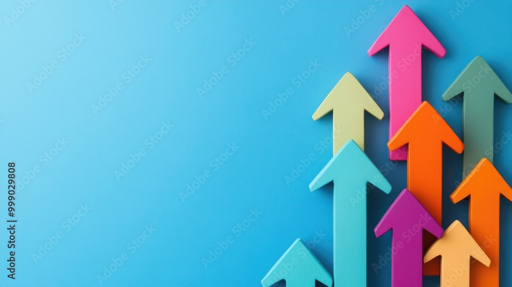Colorful arrows pointing upwards on a blue background. Colorful arrows pointing upwards on a blue background.