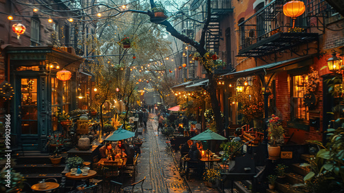 Fototapeta Naklejka Na Ścianę i Meble -  Quiet residential street with houses lining both sides of the road. The street is wet from recent rain, and the cars are parked along the street. The sun is setting in the background