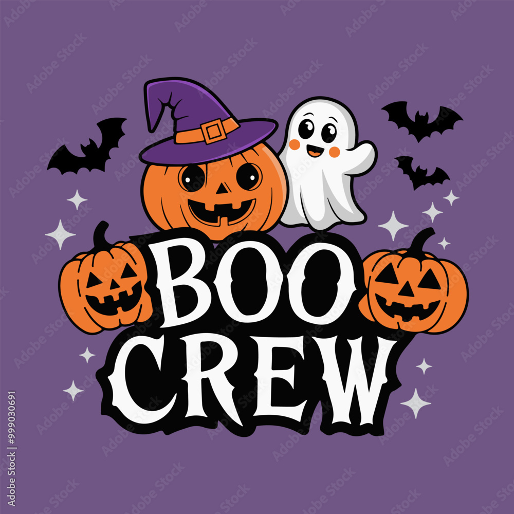 Boo crew Halloween lettering with a cute ghost with his pumpkin friends. Holiday vector design and funny t-shirt print. Boo crew Halloween lettering with a cute ghost with his pumpkin friends. Holiday vector design and funny t-shirt print.
