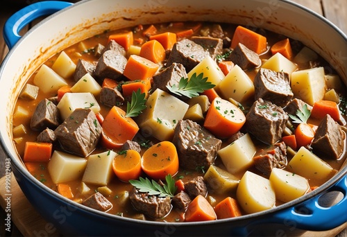 hearty beef and vegetable stew with carrots potatoes and parsnips served in a blue enameled cast iron pot