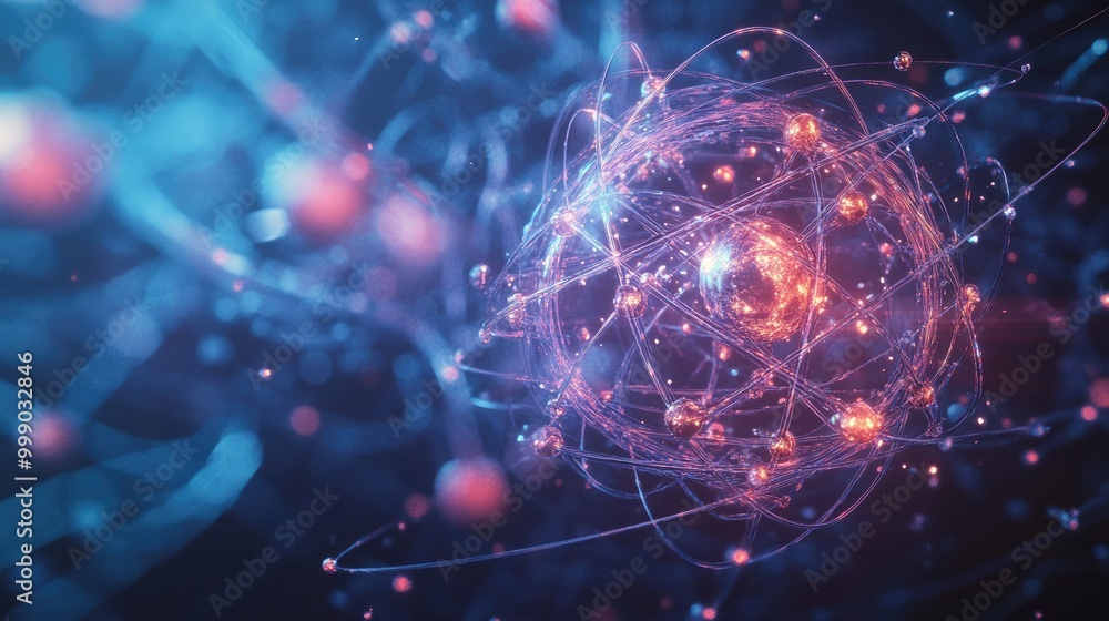 Abstract representation of an atom with glowing particles and trails. Abstract representation of an atom with glowing particles and trails.