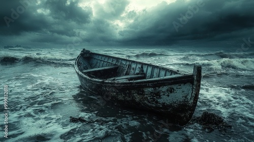 Moody Lynx at Sea with Abandoned Boat in Stormy Weather