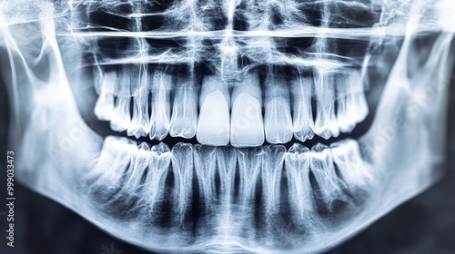 A close-up x-ray of a healthy set of teeth and jawbone.