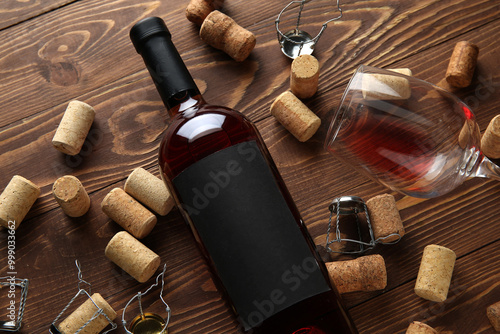 Bottle of red wine, glass and corks on wooden background