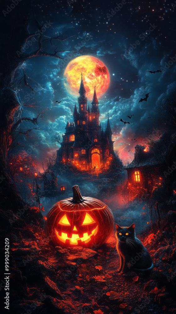 A spooky Halloween scene with a glowing carved pumpkin, a black cat with piercing eyes sitting next to it, and a haunted castle in the background under a full moon. A spooky Halloween scene with a glowing carved pumpkin, a black cat with piercing eyes sitting next to it, and a haunted castle in the background under a full moon.