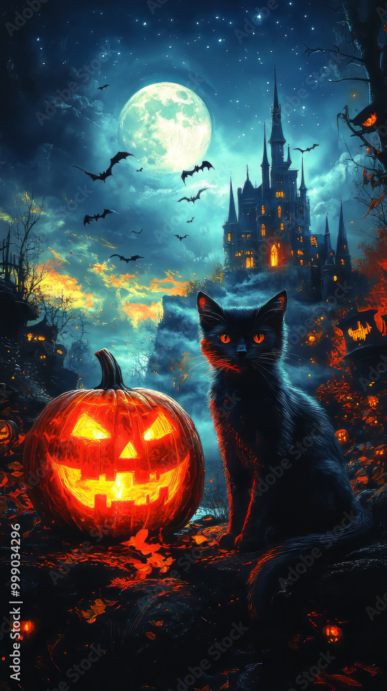 A spooky Halloween scene with a glowing carved pumpkin, a black cat with piercing eyes sitting next to it, and a haunted castle in the background under a full moon. A spooky Halloween scene with a glowing carved pumpkin, a black cat with piercing eyes sitting next to it, and a haunted castle in the background under a full moon.