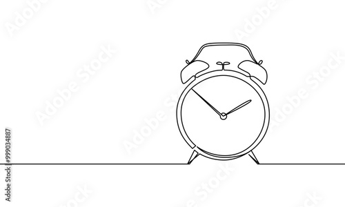 Continuous line drawing of alarm clock. Vector linear doodle hand drawn illustration