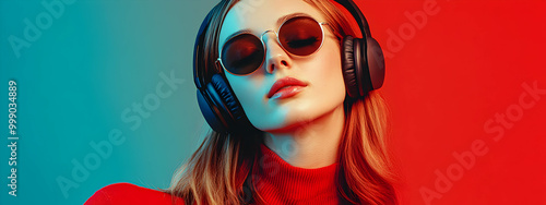 Beautiful girl wearing headphones and listening to music on red background with copy space, banner template. Concept of listening to music. . photo